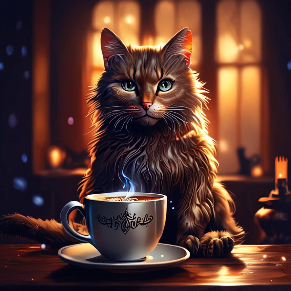 a cute magical cat drinking coffee