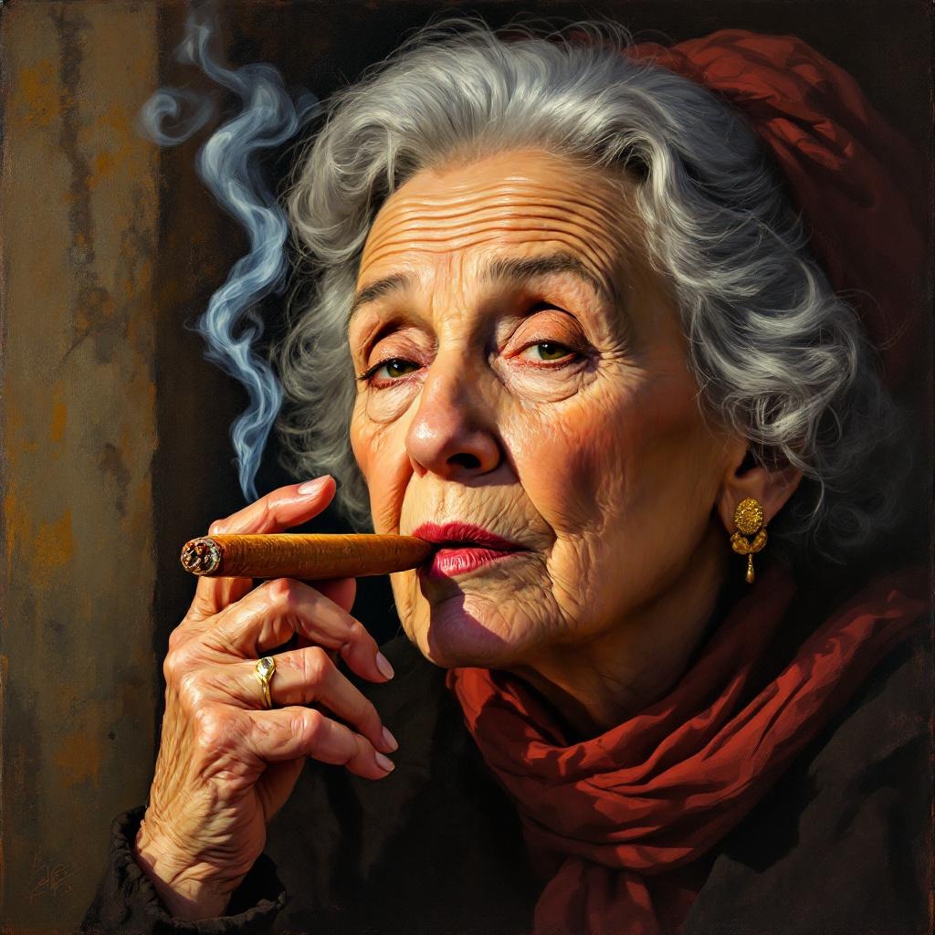 a old woman with a cigar , Oil Painting style , 8k, sharp