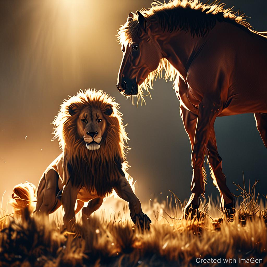 A horse kicking a lion, which tries to sneek upon the horse