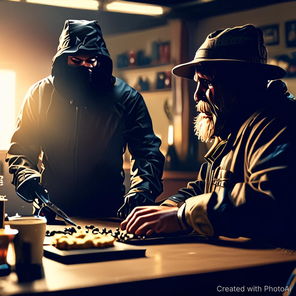 a burgler robbing a fat man
